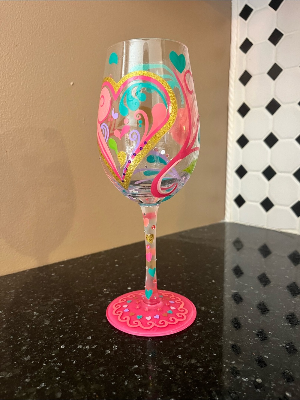 Lolita Pink Heart Wine Glass with Teal and Gold Accents